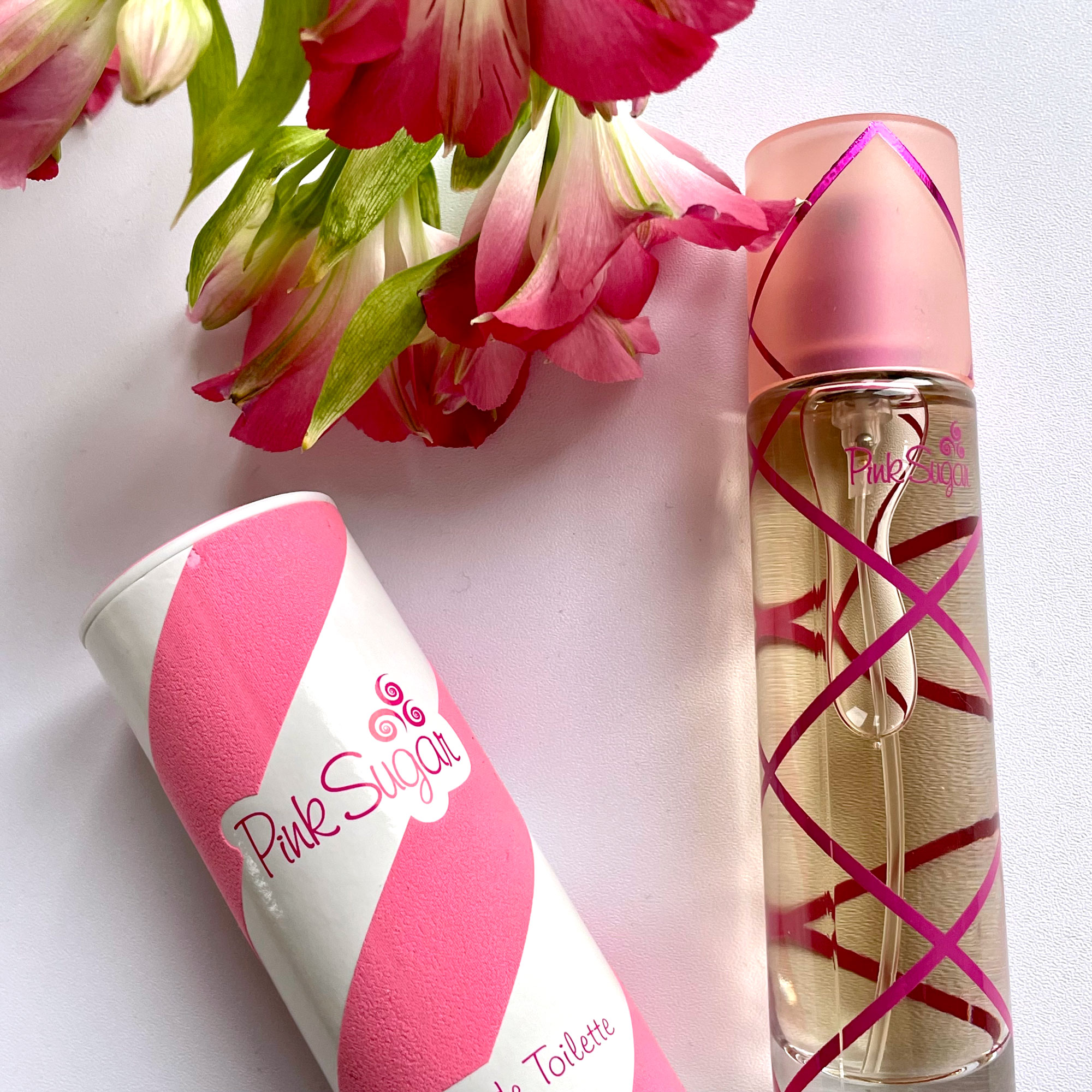 Pink Sugar Perfume Reviewed: Incredibly Sweet Pink Sugar Perfume Flatlay